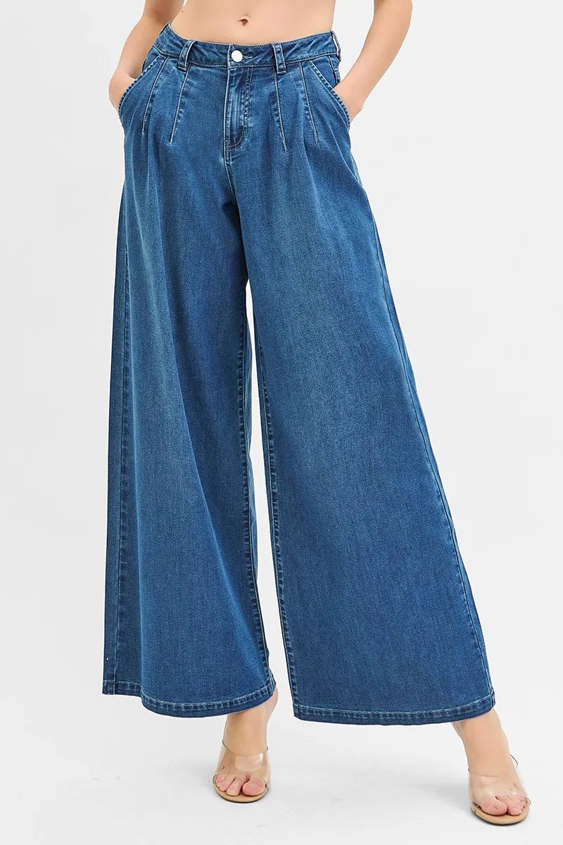 RISEN Mid Rise Fit Wide Leg Knit Denim Look Jeans - women's bottoms at Lola Mariee boutique