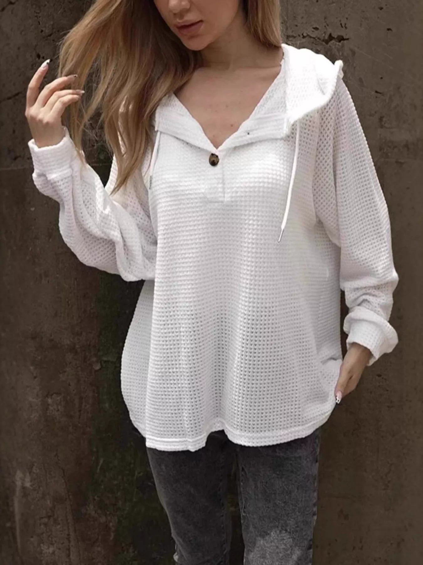 Waffle Knit Hoodie with Button Detail – view 4 | Lola Mariee