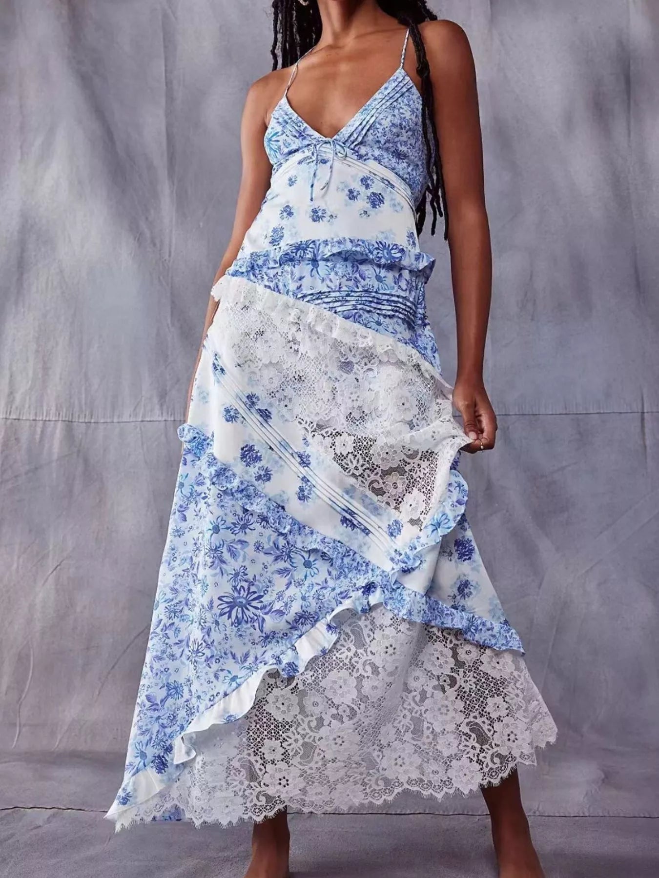 Lace Detail Ruffled Floral V-Neck Maxi Dress – view 5 | Lola Mariee