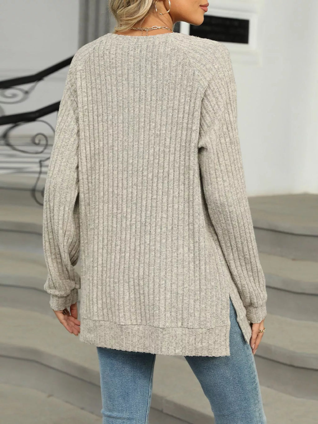 Round Neck Side Slit Ribbed Knit Top with Asymmetric Button Detail - Trendsi | Lola Mariee
