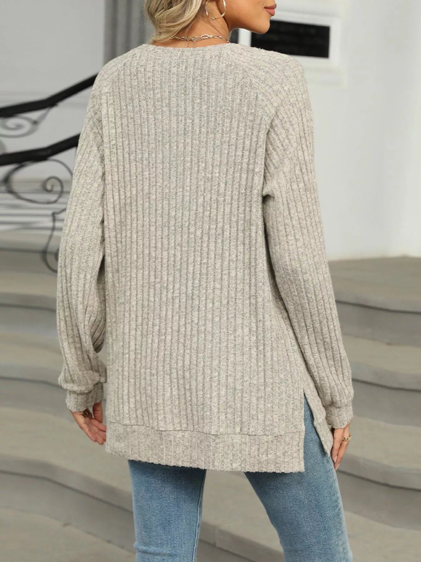 Round Neck Side Slit Ribbed Knit Top with Asymmetric Button Detail - Trendsi | Lola Mariee