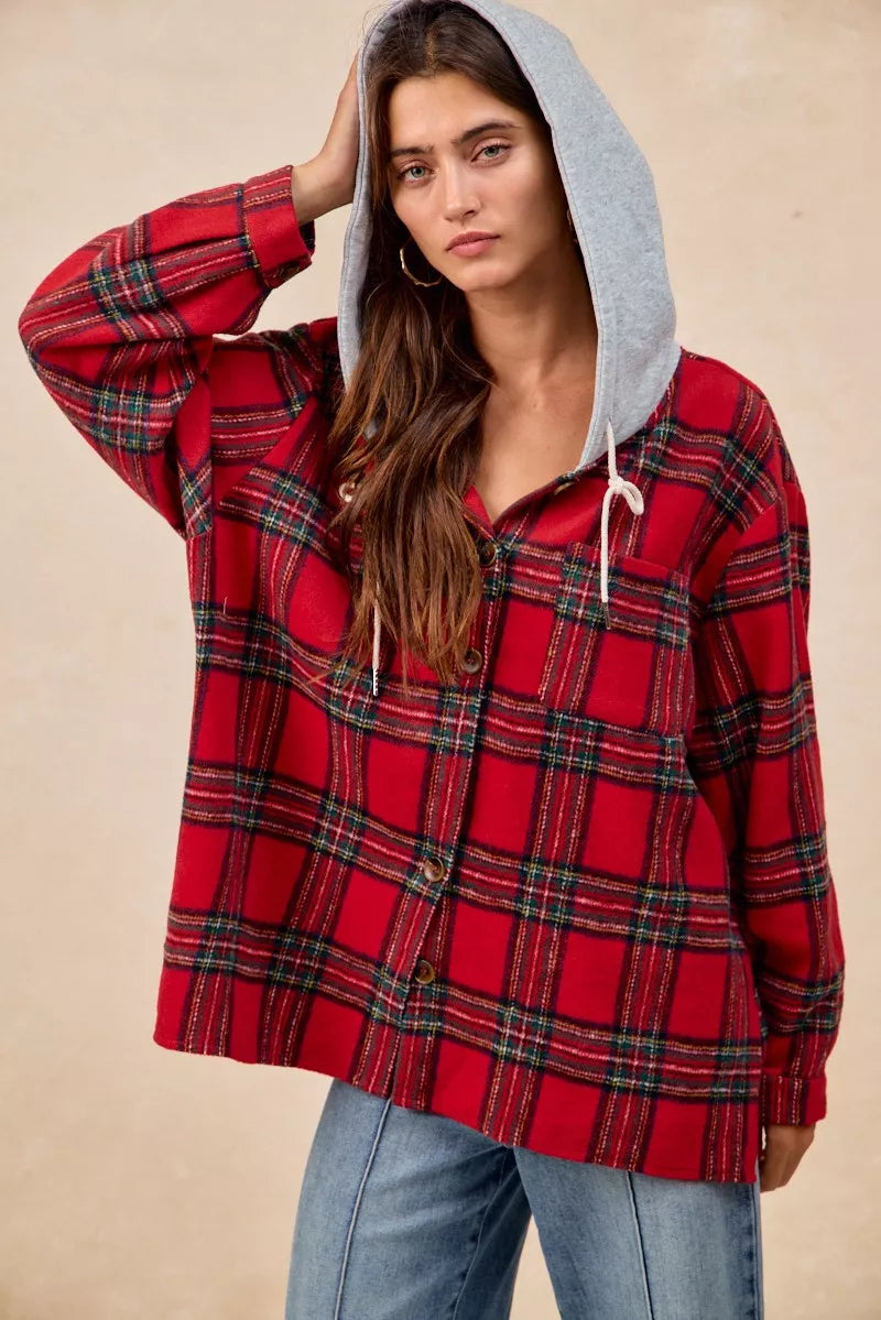 BiBi Brushed Plaid Hooded Jacket - Trendsi | Lola Mariee