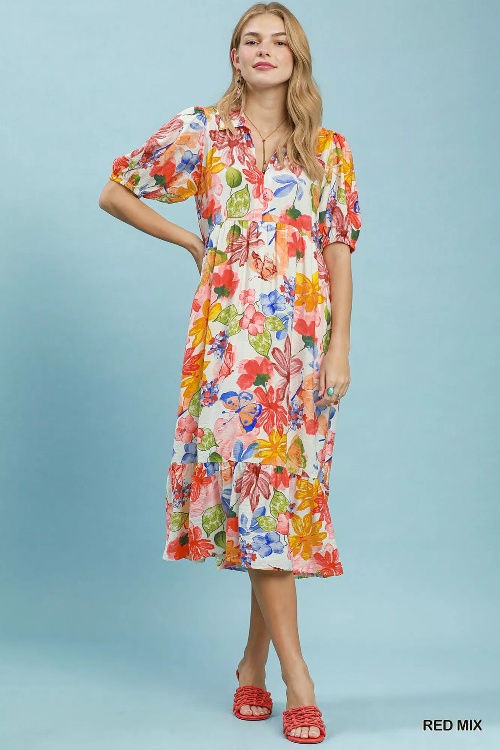Umgee Watercolor Floral Tiered Midi Dress - Trendsi | Lola Mariee