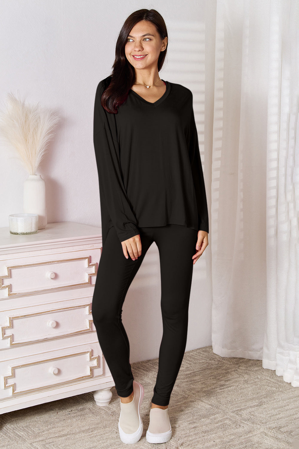 Basic Bae Full Size V-Neck Soft Rayon Long Sleeve Top and Pants Lounge Set – view 7 | Lola Mariee