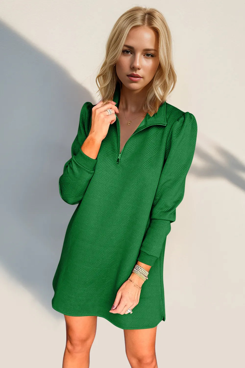 Double Take Textured Quarter Zip Long Sleeve Dress – view 8 | Lola Mariee