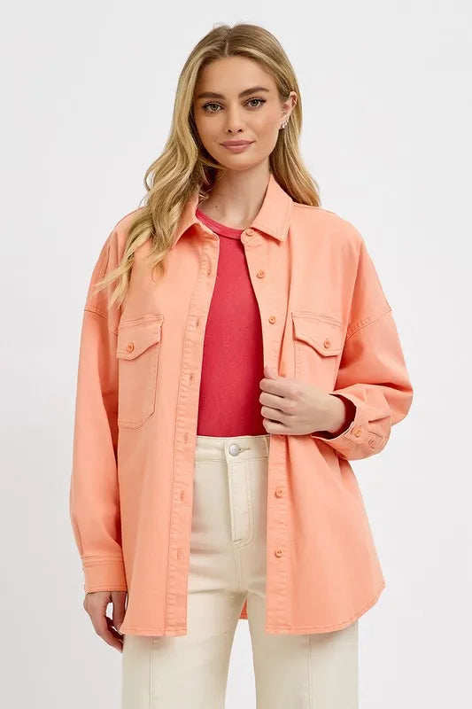 RISEN Full Size Button Down Long Sleeve Denim Shacket with Chest Pockets Plus Size - LOLA MARIEE | Lola Mariee