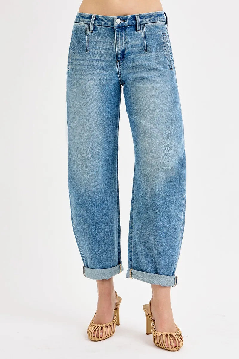 RISEN Full Size Mid Rise Fit Barrel Roll Up Jeans Plus Size - women's bottoms at Lola Mariee boutique