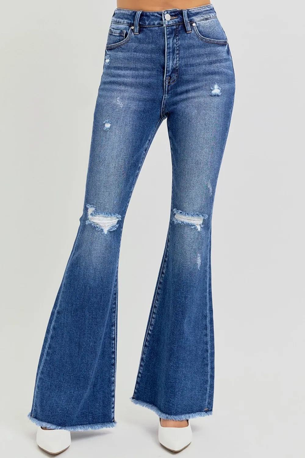 RISEN Full Size High Rise Distressed Raw Hem Flare Jeans - women's bottoms at Lola Mariee boutique