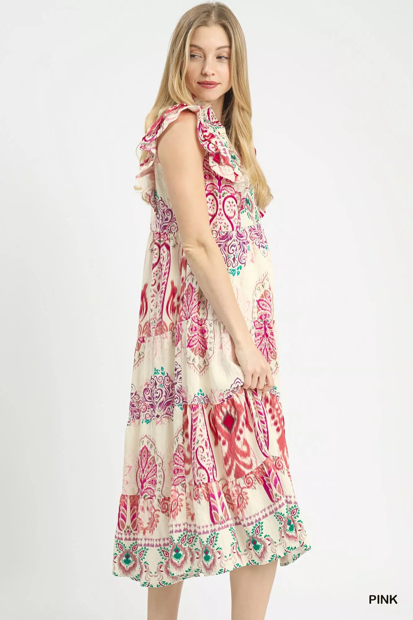 Umgee Boho Boarder Print Ruffle Midi Dress - Trendsi | Lola Mariee