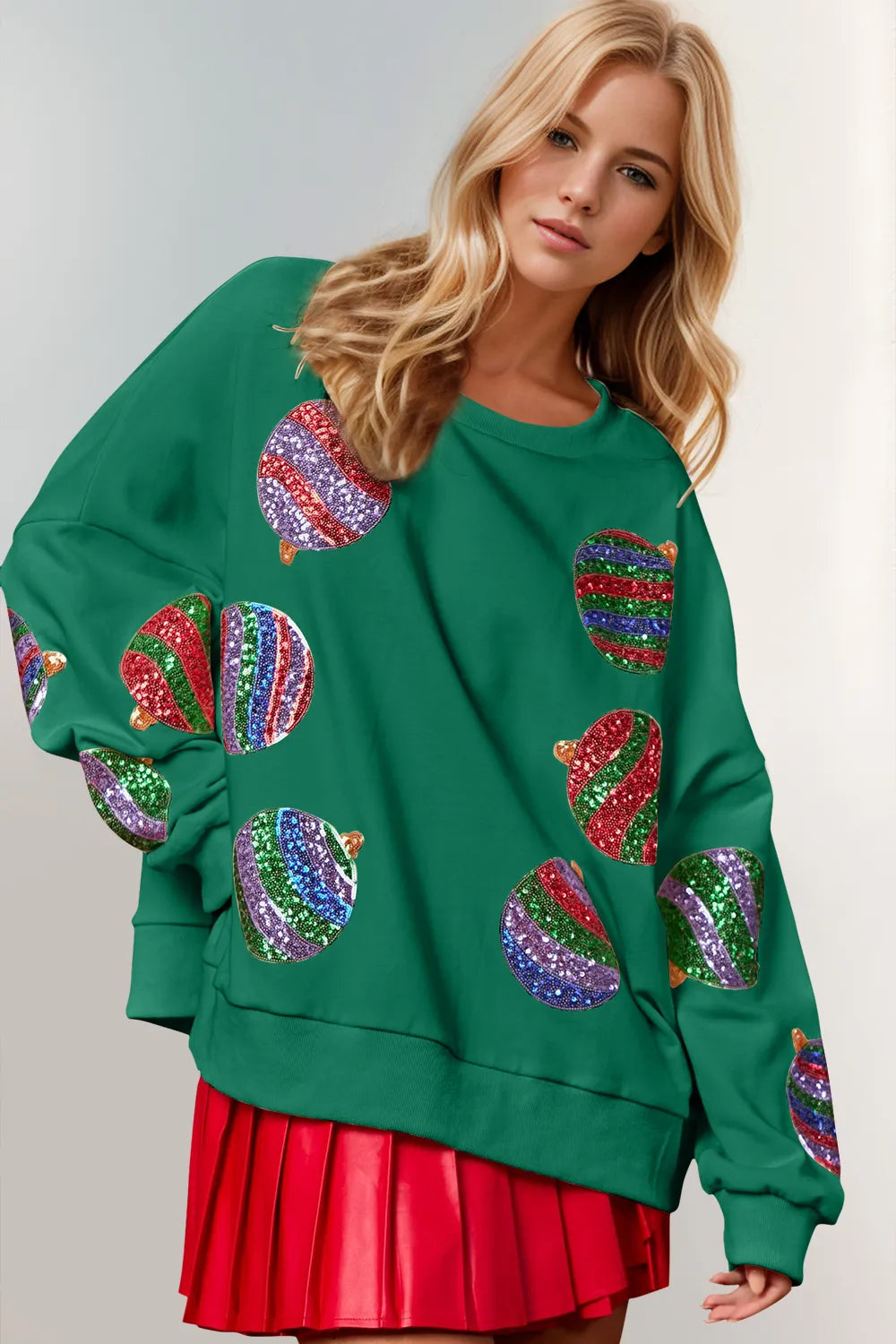 Double Take Christmas Element Sequin Round Neck Long Sleeve Sweatshirt – view 3 | Lola Mariee