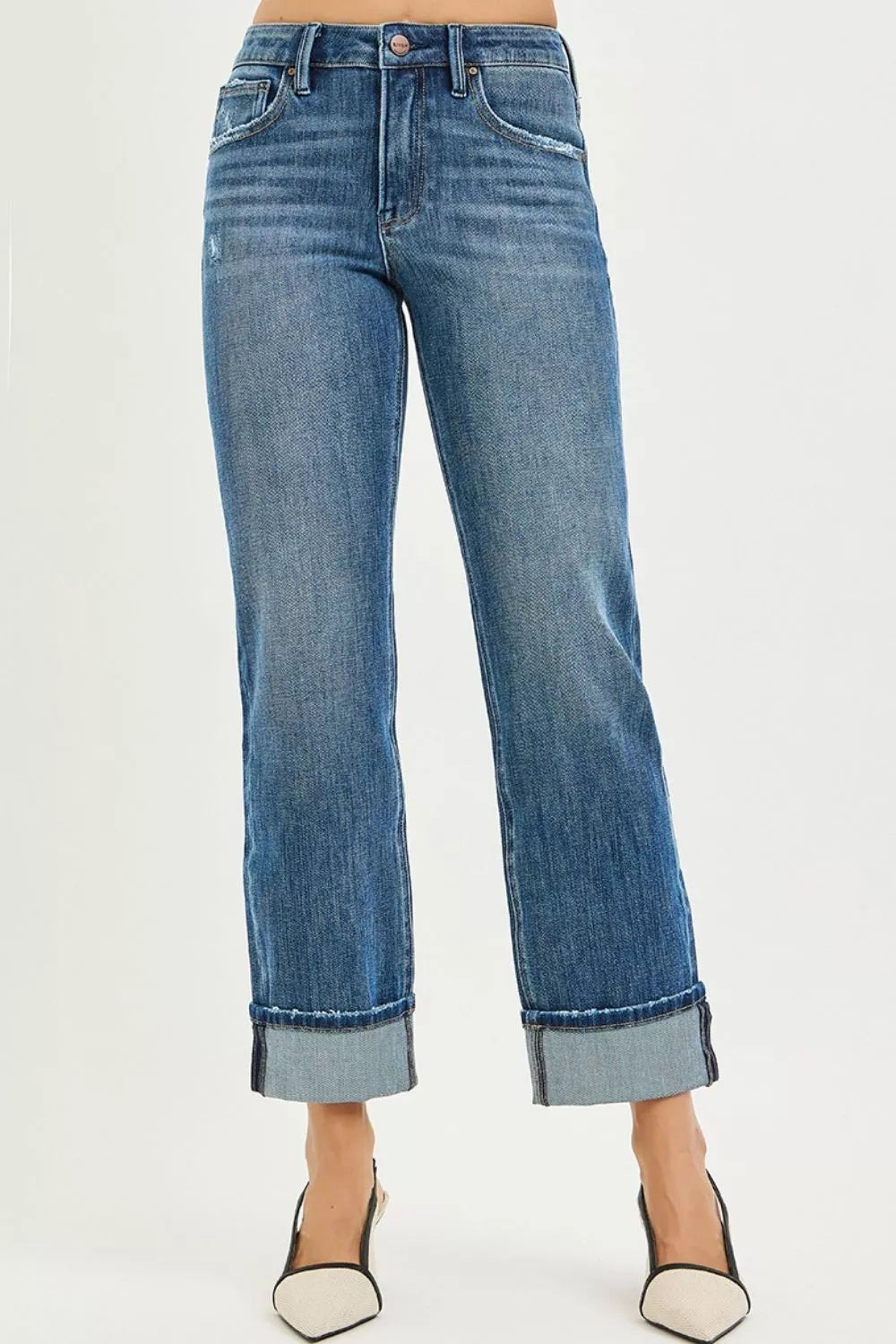 RISEN Full Size 4 Way Stretch Slouchy Straight Jeans with Cuffed Hem Plus Size - LOLA MARIEE | Lola Mariee