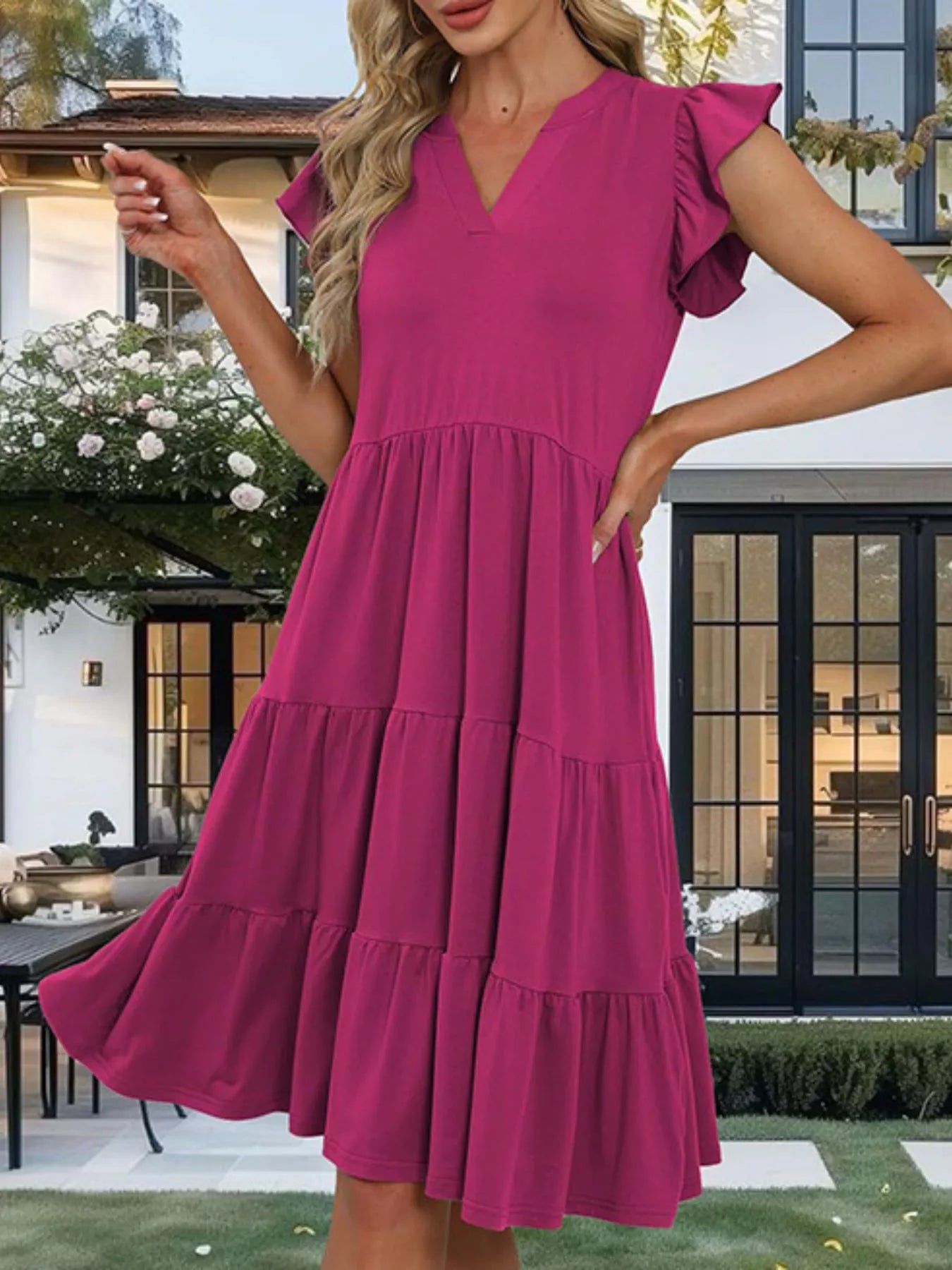 Ruffle Sleeve Tiered Midi Dress – view 5 | Lola Mariee