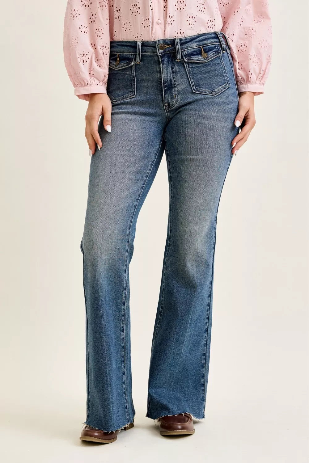 Judy Blue Mid Rise Flare Jeans with Front Flap Pockets - Trendsi | Lola Mariee