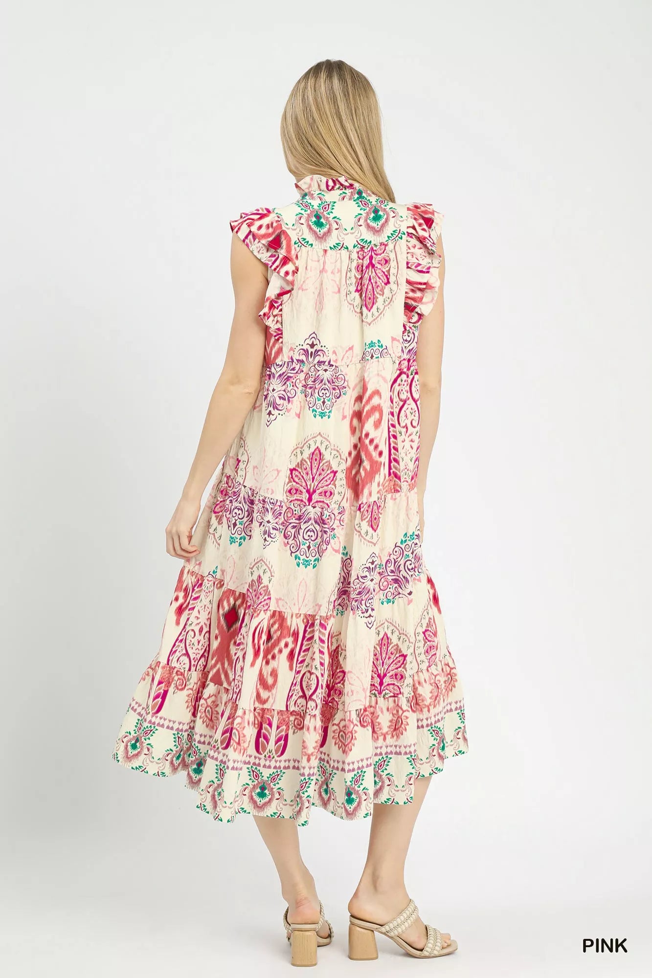 Umgee Boho Boarder Print Ruffle Midi Dress - Trendsi | Lola Mariee