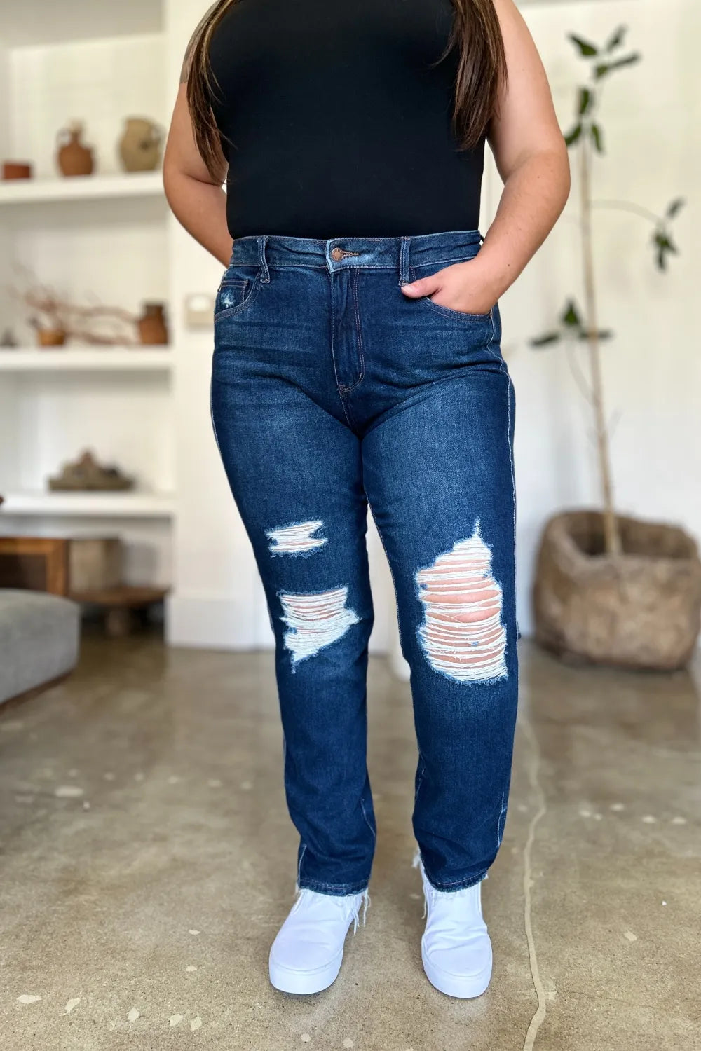 Judy Blue Full Size High Waist Rigid Magic Heavy Destroy Straight Jeans - women's bottoms at Lola Mariee boutique