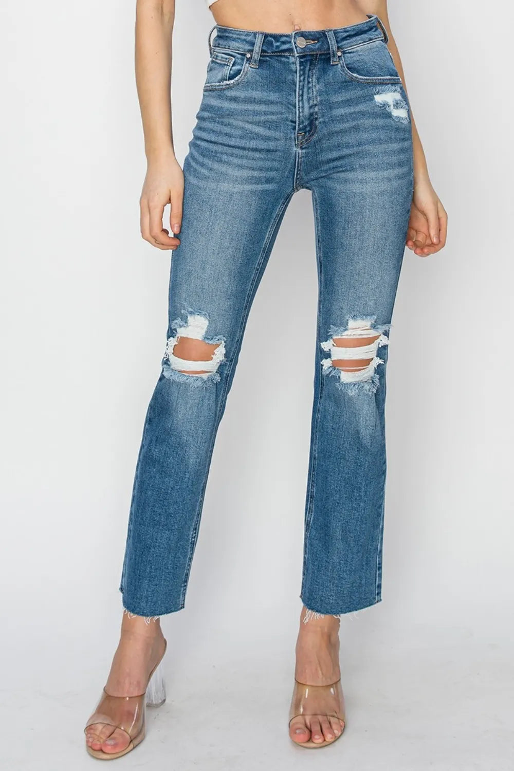 RISEN High Rise Distressed Ankle Jeans - women's bottoms at Lola Mariee boutique