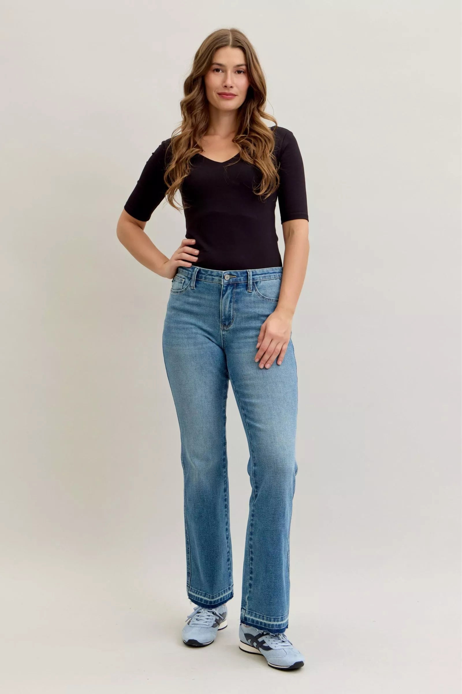 Judy Blue Full Size Mid Rise Slim Bootcut Tummy Control Release Hem Jeans Plus Size - women's shoes at Lola Mariee boutique