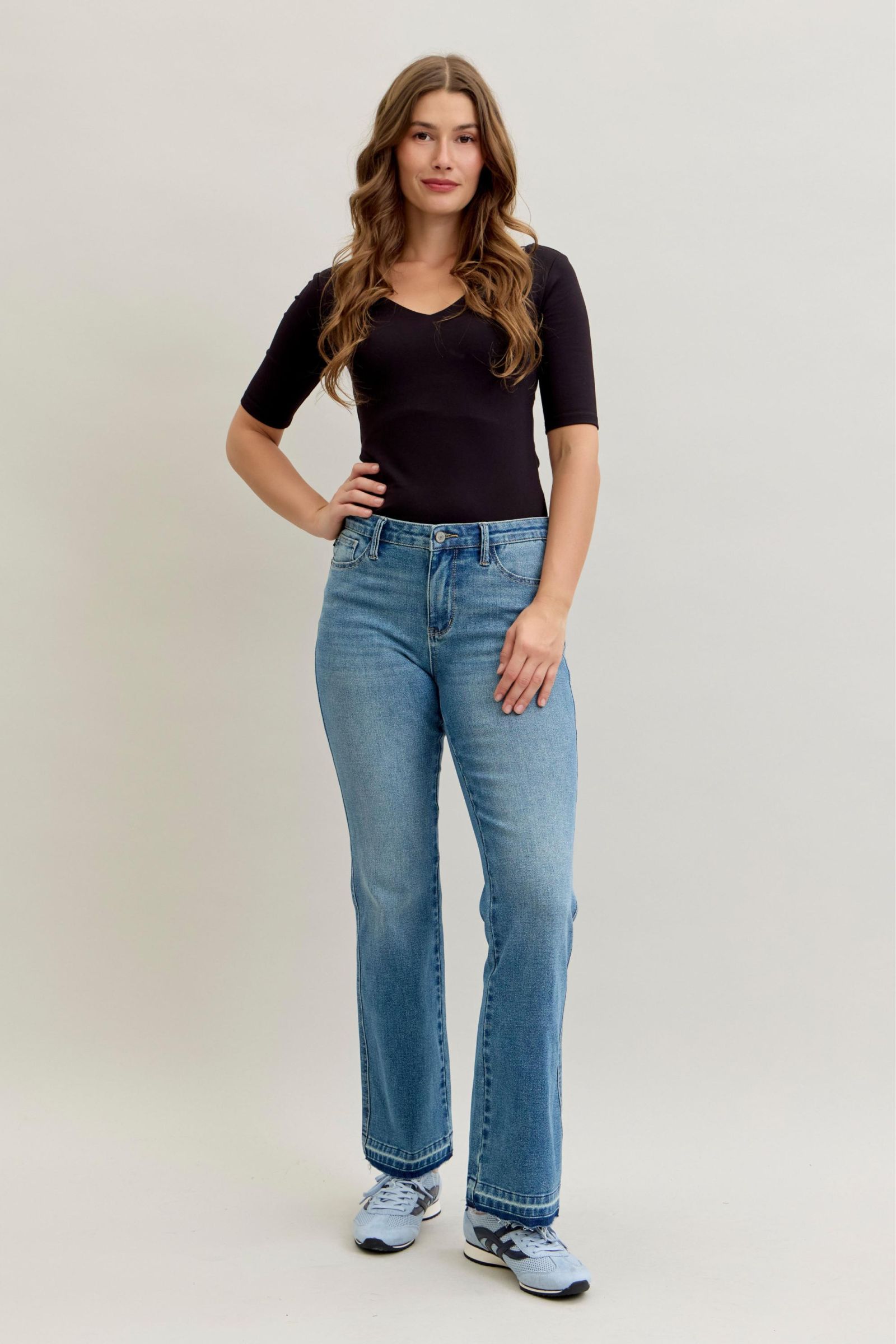 Judy Blue Full Size Mid Rise Slim Bootcut Tummy Control Release Hem Jeans Plus Size – view 7 | Lola Mariee