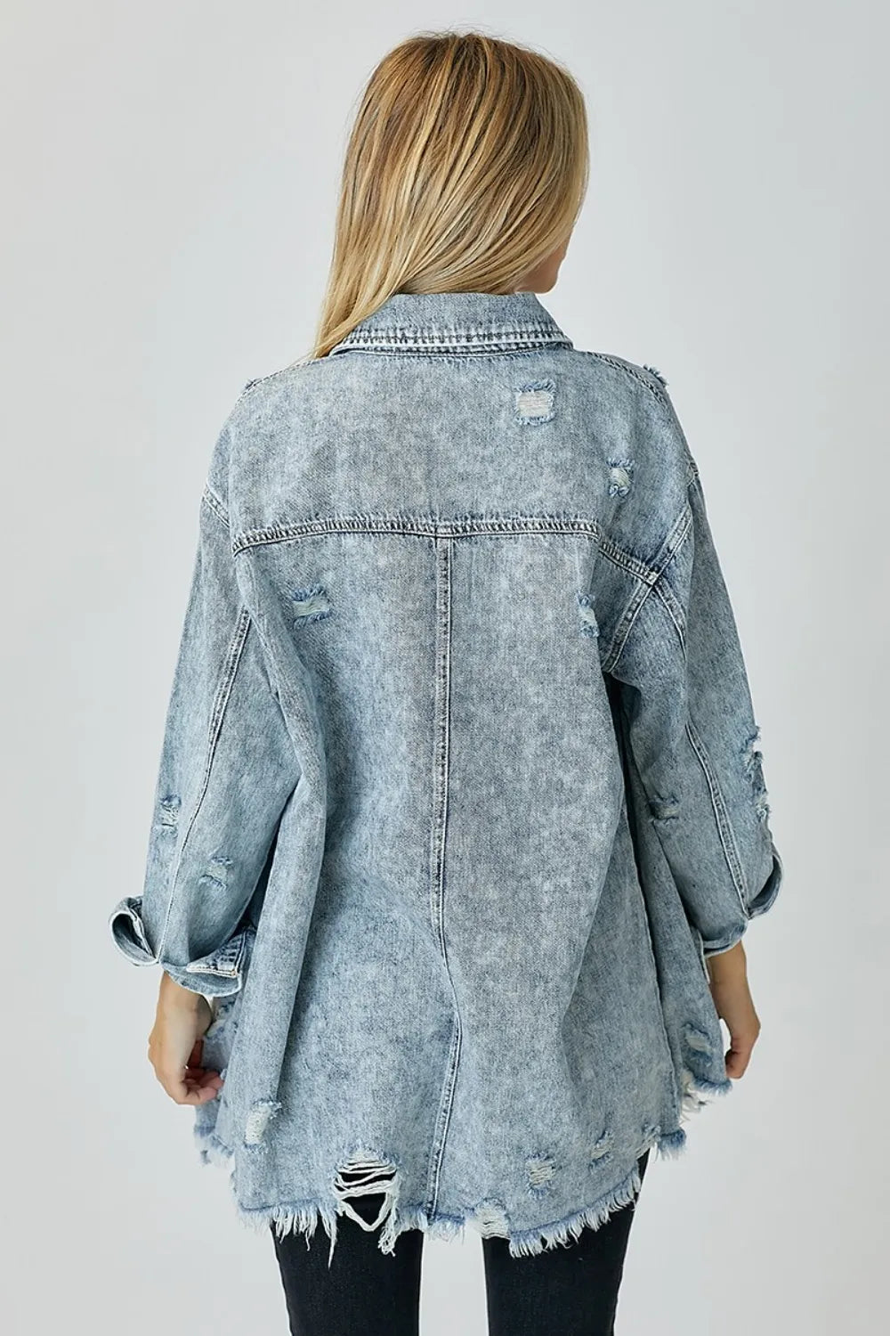 RISEN Distressed Raw Hem Denim Shirt - LOLA MARIEE | Lola Mariee