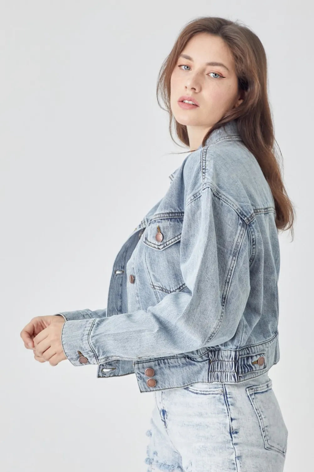 RISEN Full Size Button Down Cropped Denim Jacket - LOLA MARIEE | Lola Mariee