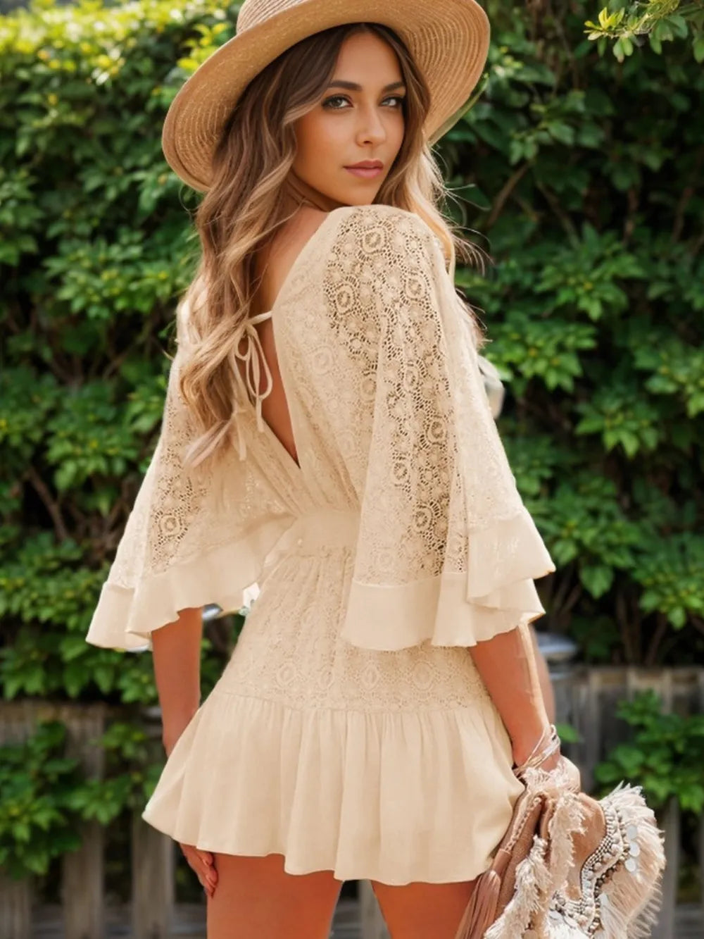 Ruffle Hem Tie Back Lace Mini Dress - women's dress at Lola Mariee boutique