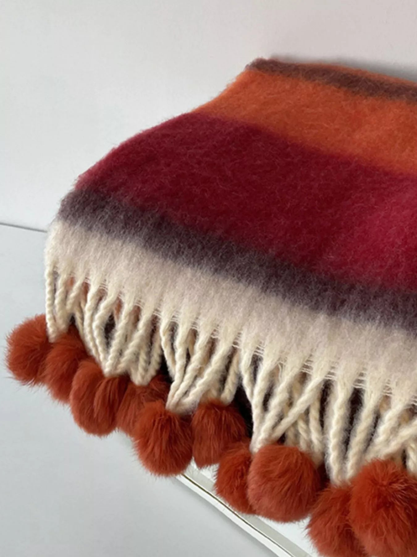 Rainbow Striped Fuzzy Scarf with Pom-Poms – view 7 | Lola Mariee