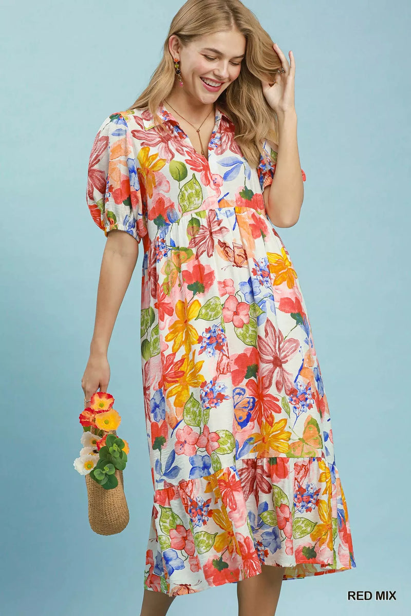 Umgee Watercolor Floral Tiered Midi Dress - Trendsi | Lola Mariee