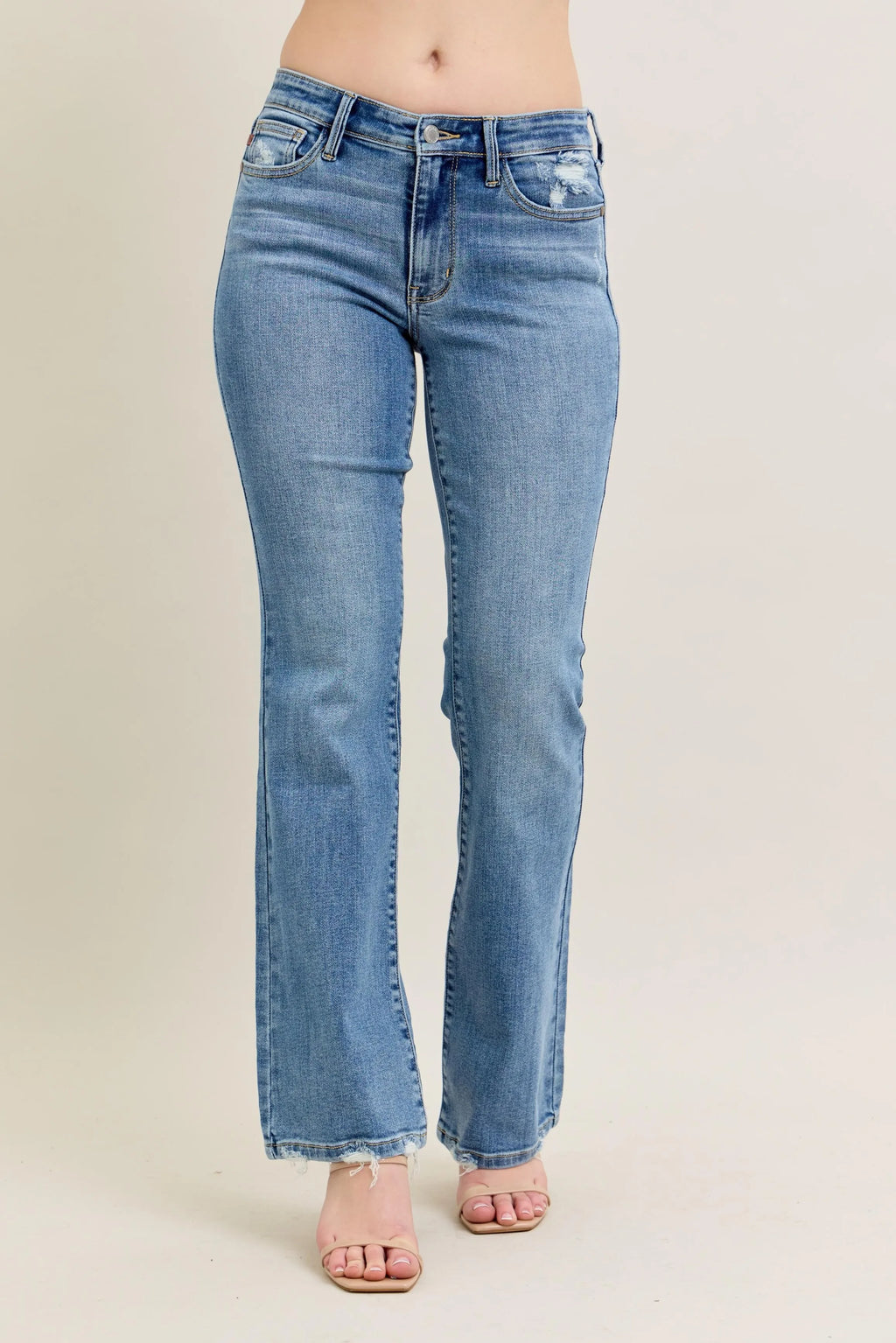 Judy Blue Full Size Mid Rise Wash Destroy Hem Bootcut Jeans Plus Size - women's shoes at Lola Mariee boutique
