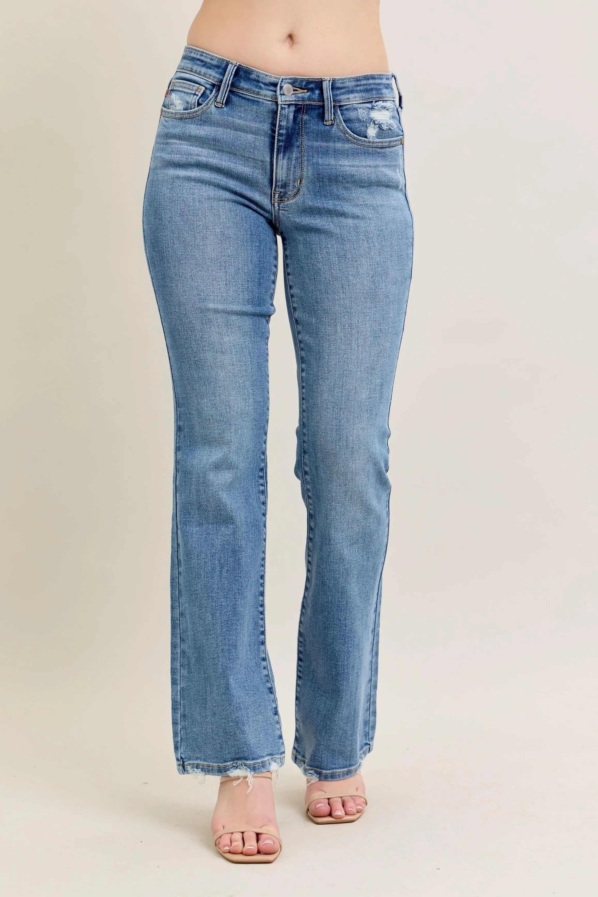 Judy Blue Full Size Mid Rise Wash Destroy Hem Bootcut Jeans Plus Size - women's shoes at Lola Mariee boutique