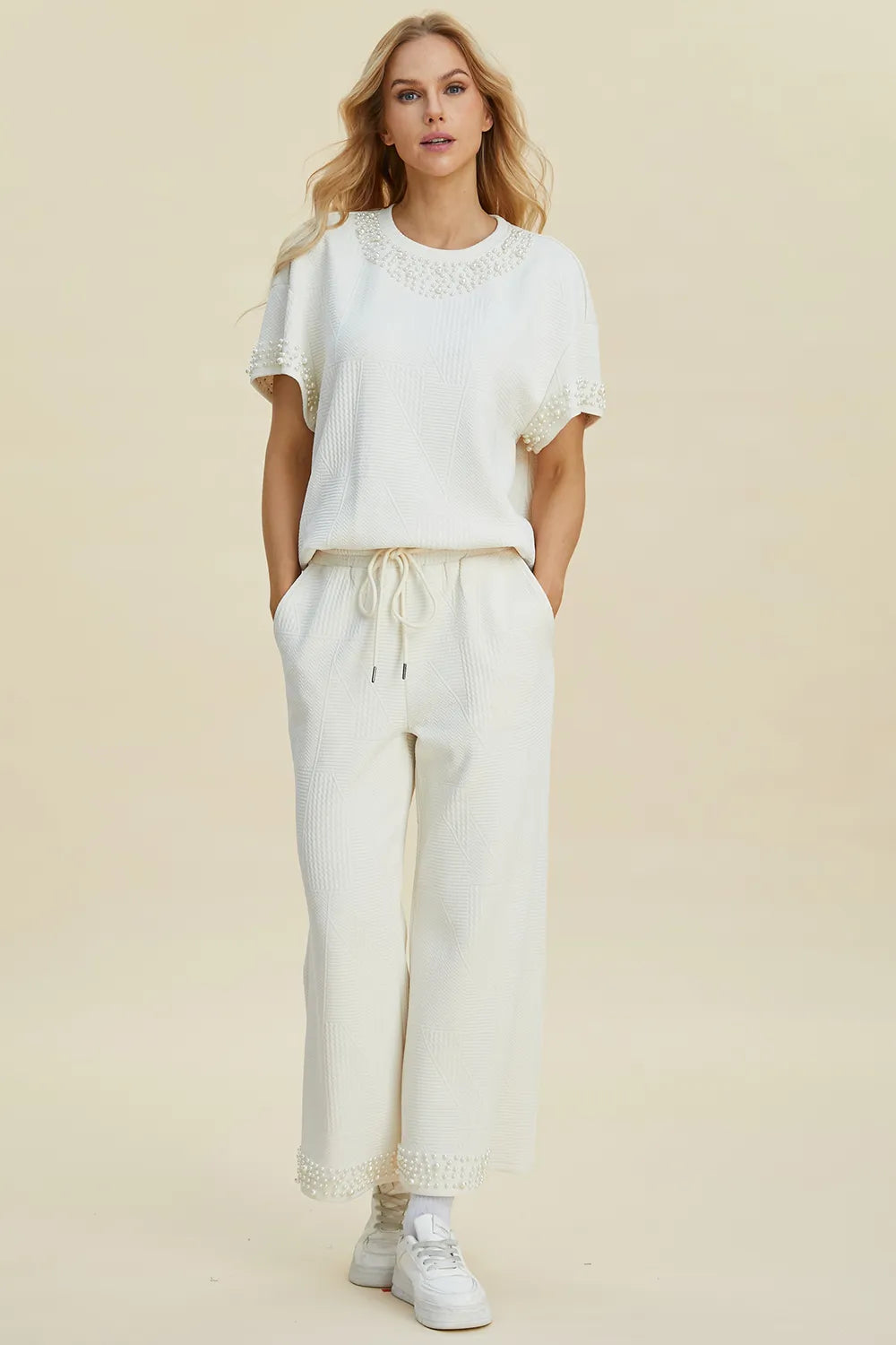 Double Take Full Size Pearl Detail Round Neck Top and Pants Set – view 4 | Lola Mariee