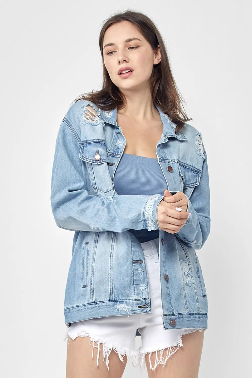 RISEN Full Size Distressed Long Sleeve Denim Jacket Plus Size - LOLA MARIEE | Lola Mariee