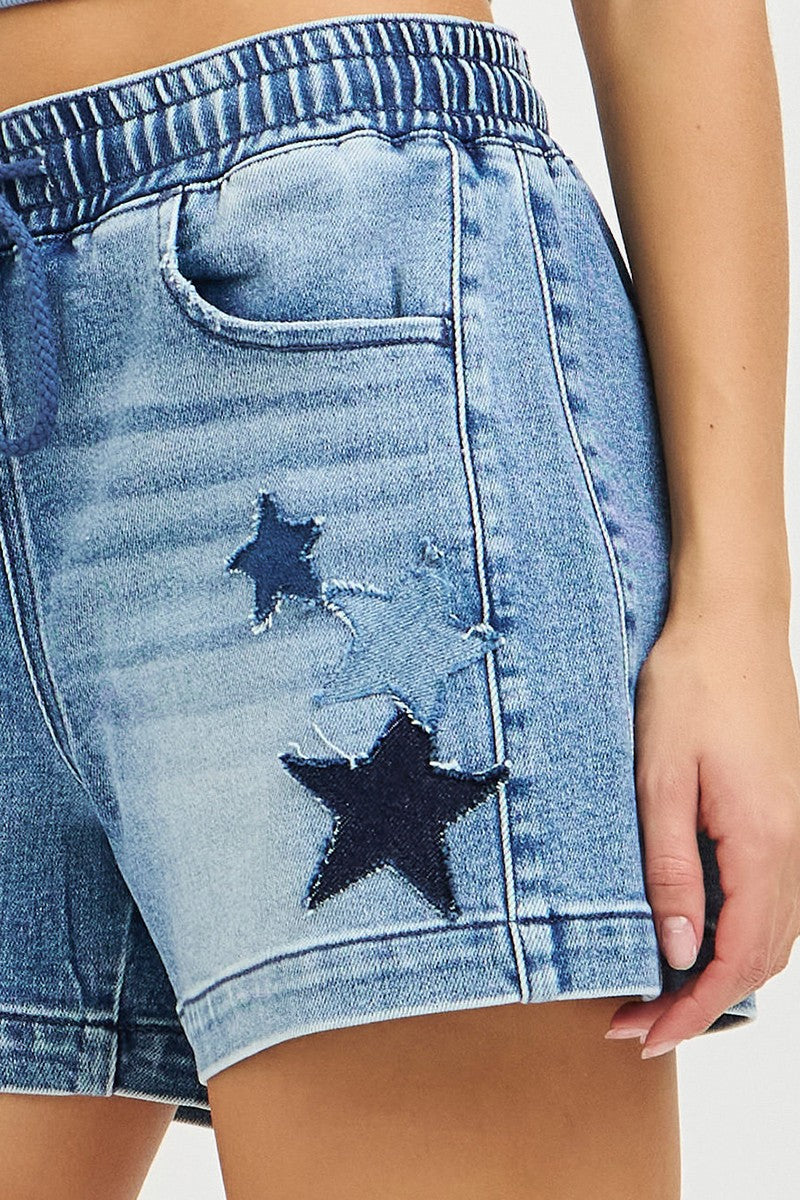 RISEN Elastic Band Slouchy Denim Shorts with Star Patched Details – view 8 | Lola Mariee