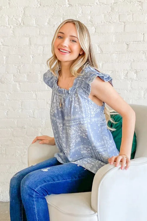 And The Why Boho Print Ruffle Baby Doll Tank Top – view 2 | Lola Mariee