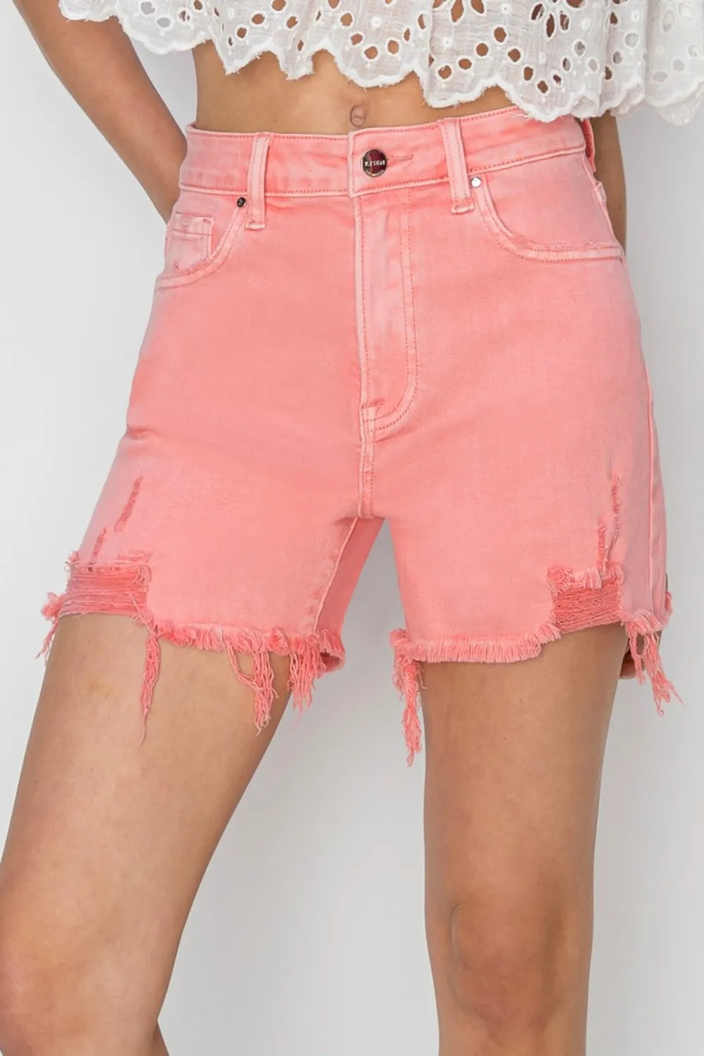 RISEN High Rise Distressed Denim Shorts - women's bottoms at Lola Mariee boutique