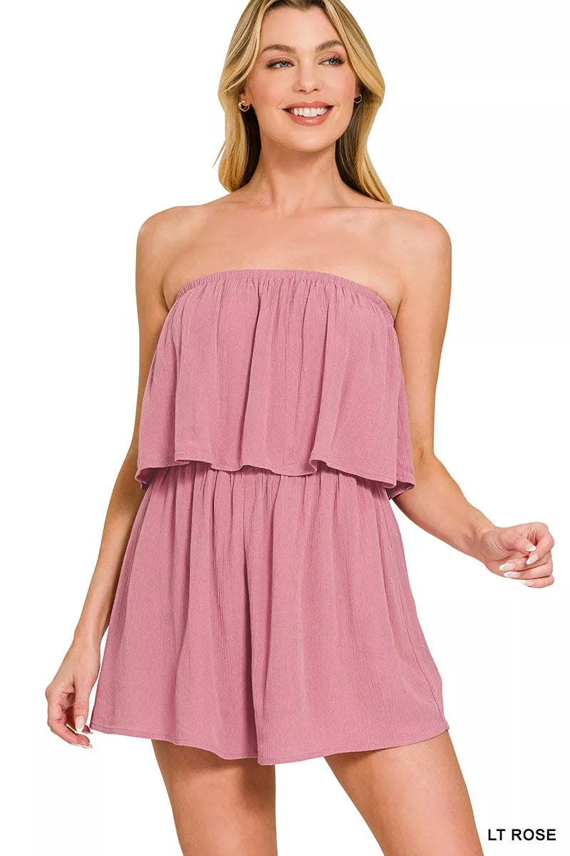 Zenana Woven Crinkle Strapless Rompers - women's fashion at Lola Mariee boutique