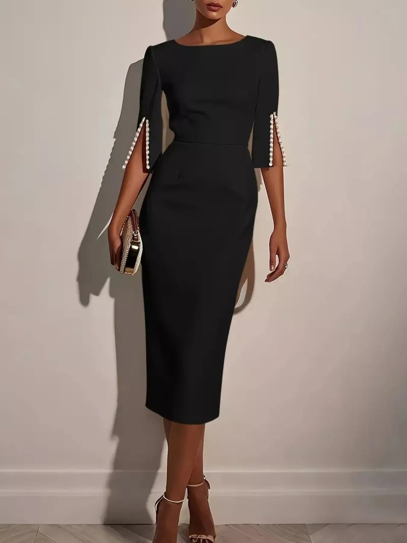 Slim-Fit Elegant Midi Dress with Beaded Slit Sleeve – view 4 | Lola Mariee