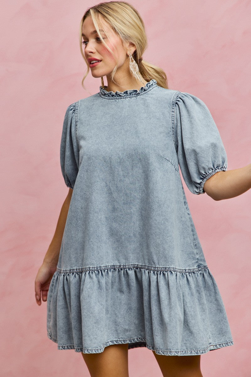 SO ME Denim Short Sleeves Mini Tiered Dress - Trendsi | Lola Mariee