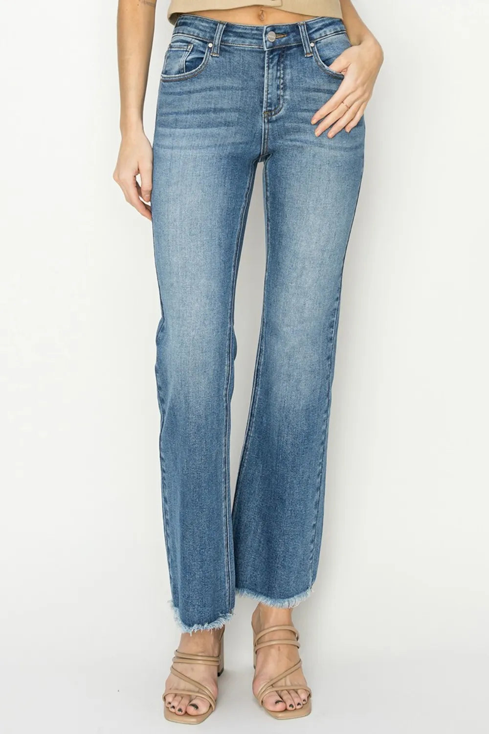 RISEN Mid-Rise Frayed Hem Bootcut Jeans - women's shoes at Lola Mariee boutique