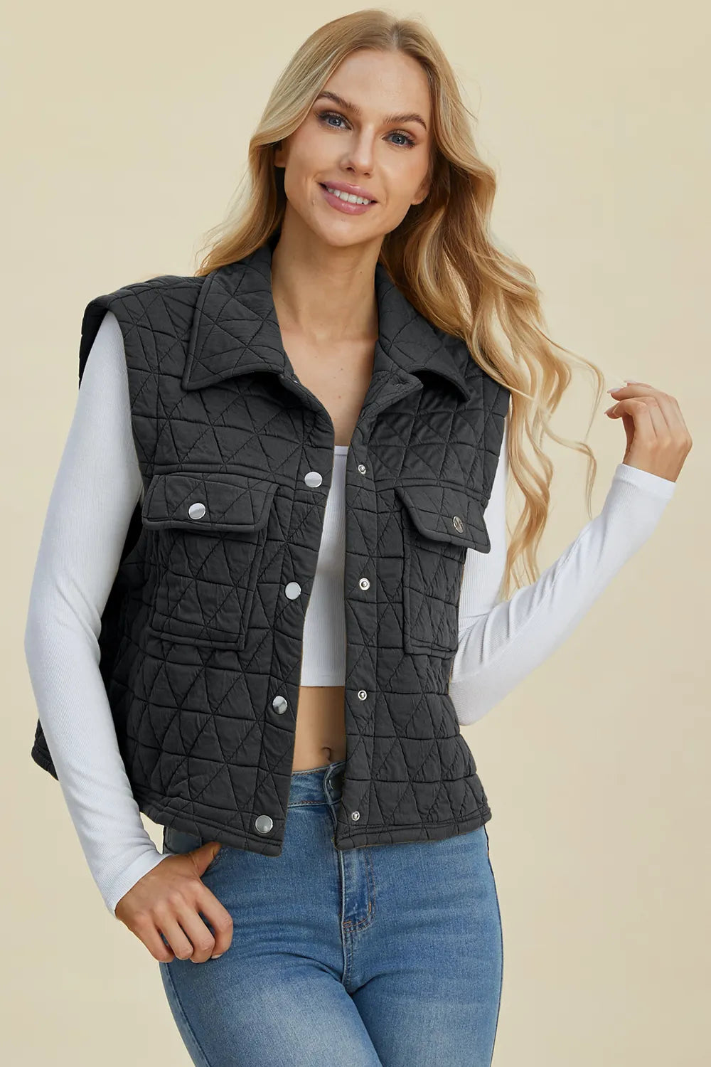 Double Take Full Size Pocketed Texture Snap Down Vest Coat – view 9 | Lola Mariee