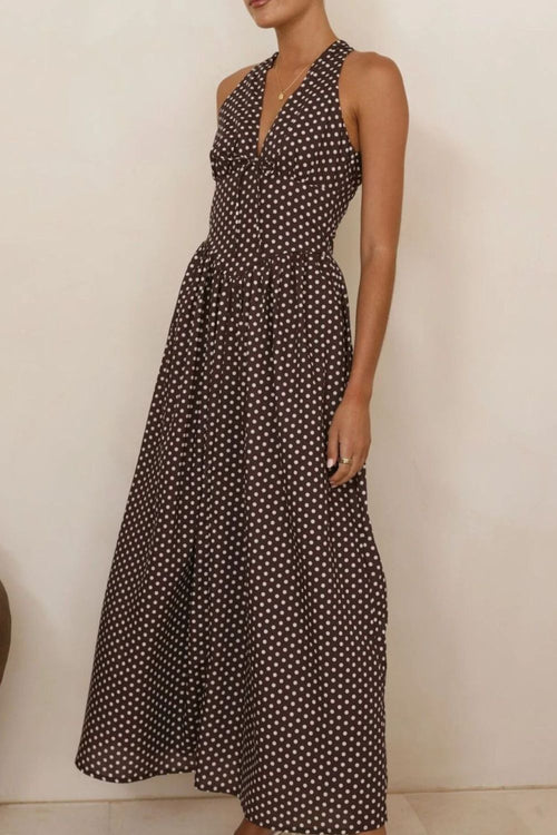 Backless Polka Dot Halter Neck Maxi Dress – view 2 | Lola Mariee