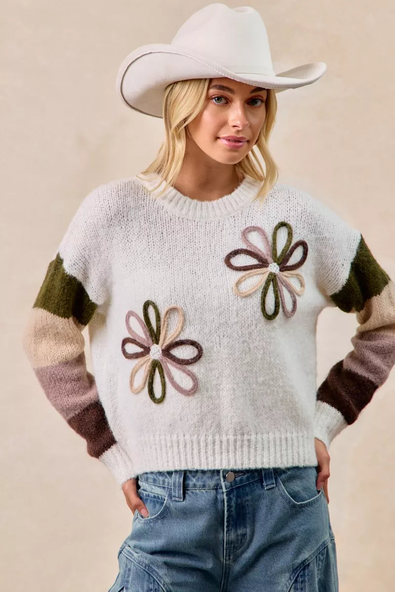 BiBi Flower Color Block Sweater - Trendsi | Lola Mariee