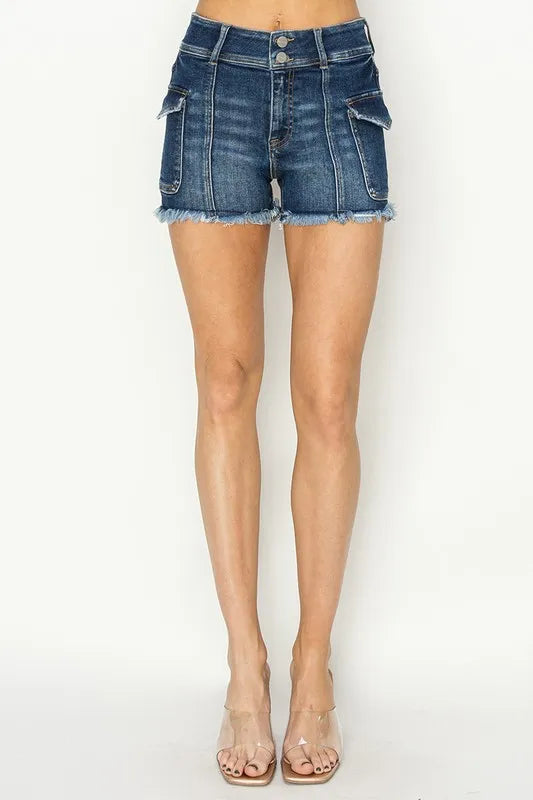RISEN Raw Hem Denim Shorts with Pockets - women's bottoms at Lola Mariee boutique