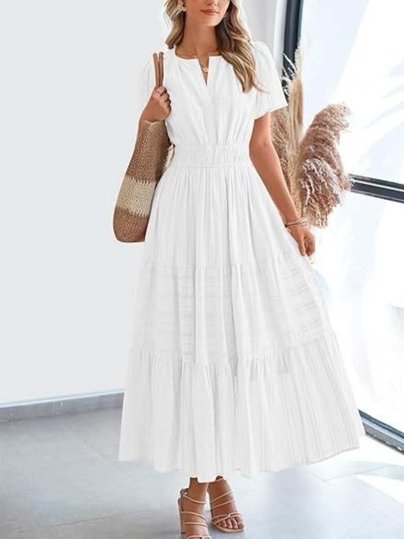 Notched Short Sleeve Tiered Dress – view 10 | Lola Mariee