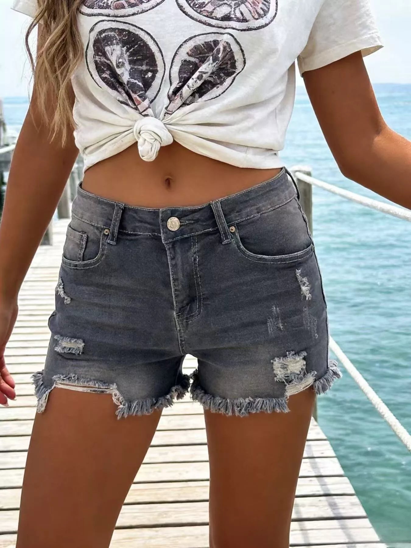 Distressed Frayed Hem Denim Shorts – view 7 | Lola Mariee