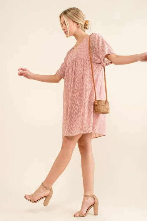 And The Why Woven Leopard Baby Doll Roll-Sleeve Casual Dress – view 2 | Lola Mariee