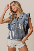 BiBi American Flag Washed Denim Jacket - Trendsi | Lola Mariee
