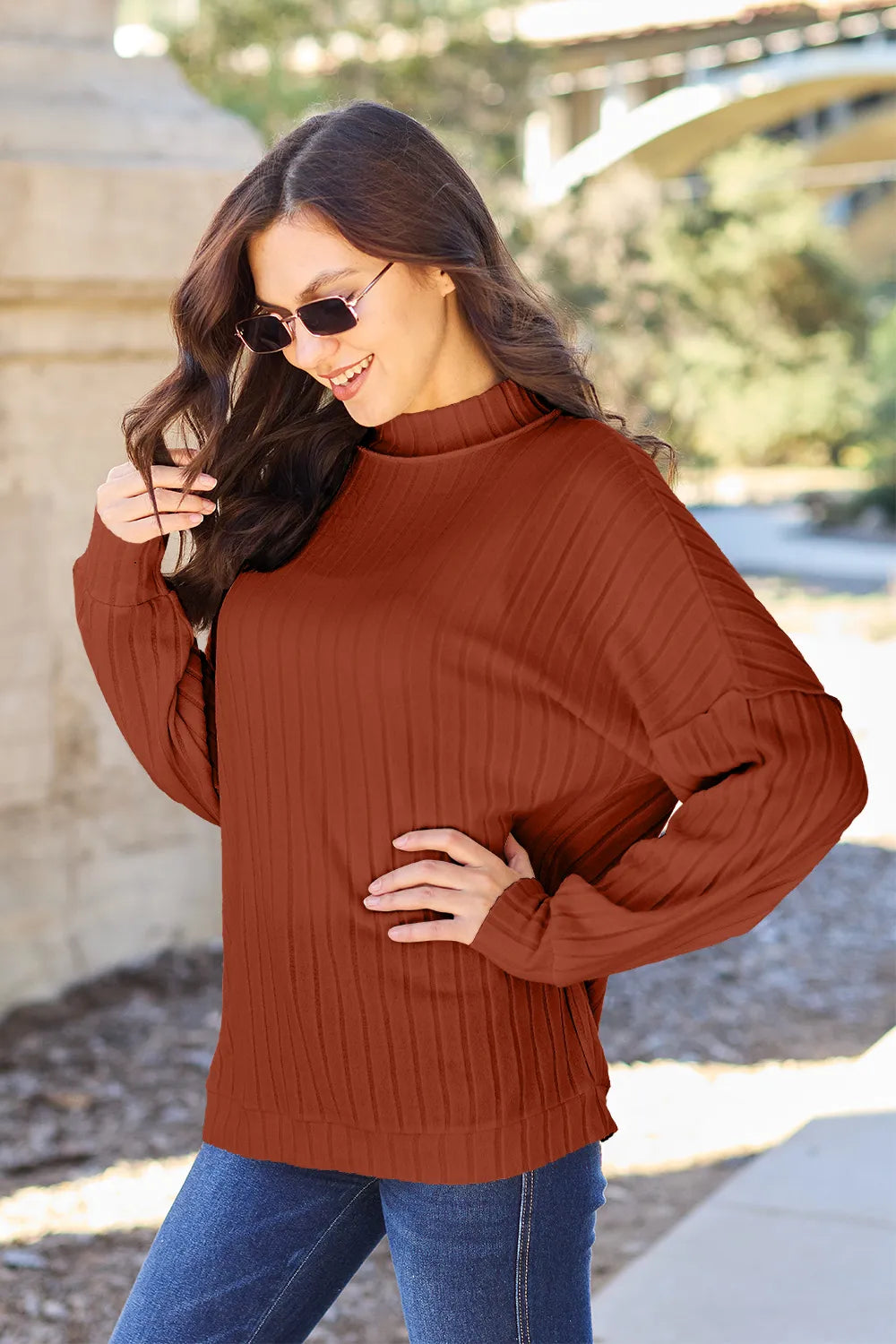 Basic Bae Full Size Ribbed Exposed Seam Mock Neck Knit Top – view 4 | Lola Mariee
