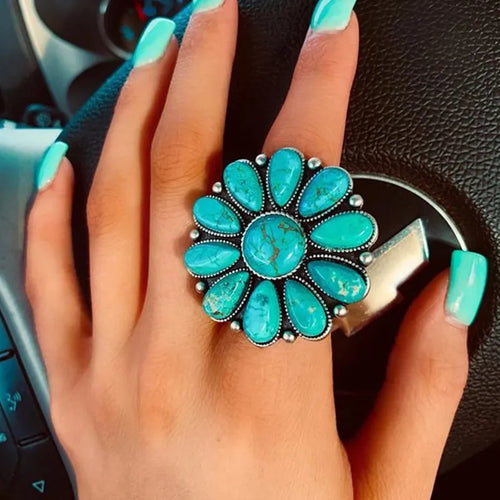 Artificial Turquoise Alloy Flower Ring | Lola Mariee