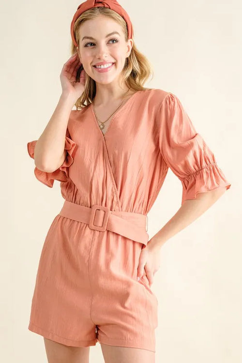 And The Why Flounce Sleeves Romper with Belt – view 2 | Lola Mariee