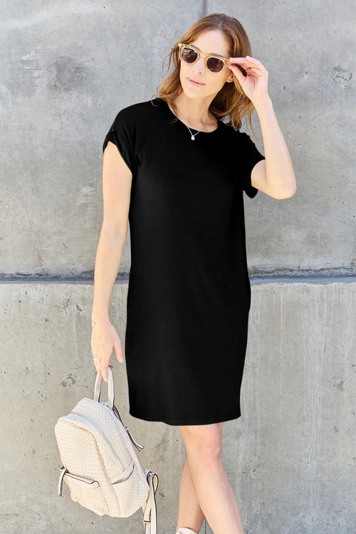 Basic Bae Bamboo Full Size Round Neck Short Sleeve Dress with Pockets | Lola Mariee
